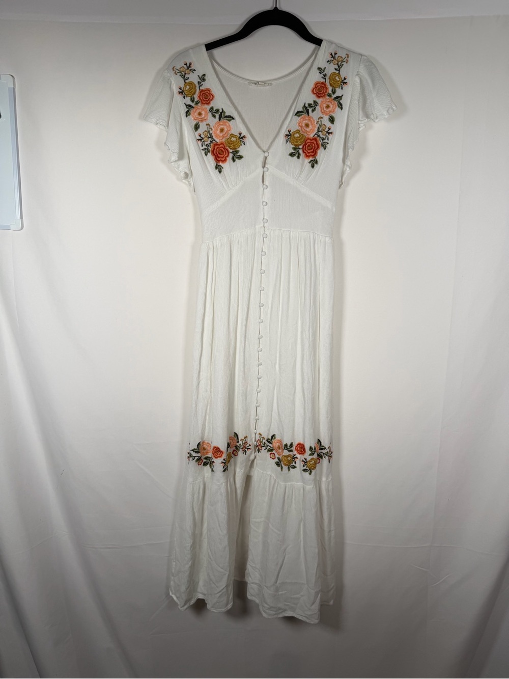 Boho Cottage White Midi Dress with Peach & Orange Floral Embroidery